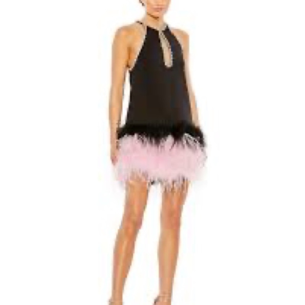 Mac Duggal Black Halter Mini Dress with Pink Feather Trim